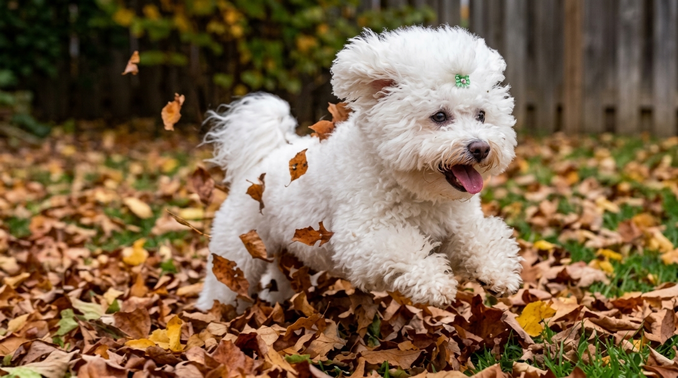 Cãozinho branco brincando entre folhas no Bruce's Inn